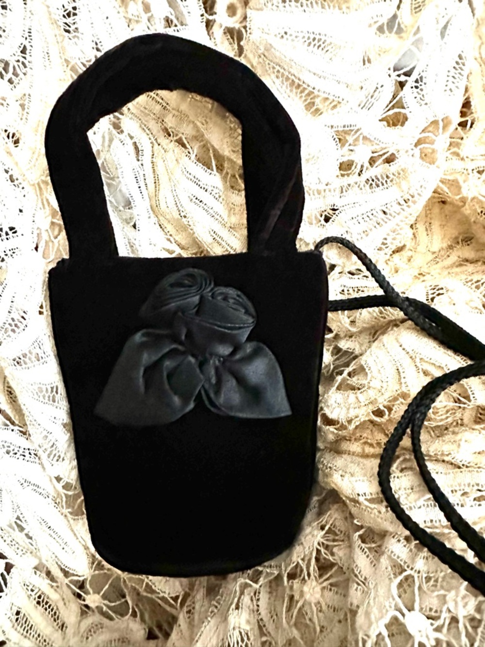 Elegant Black Velvet Floral Accent Handbag - small